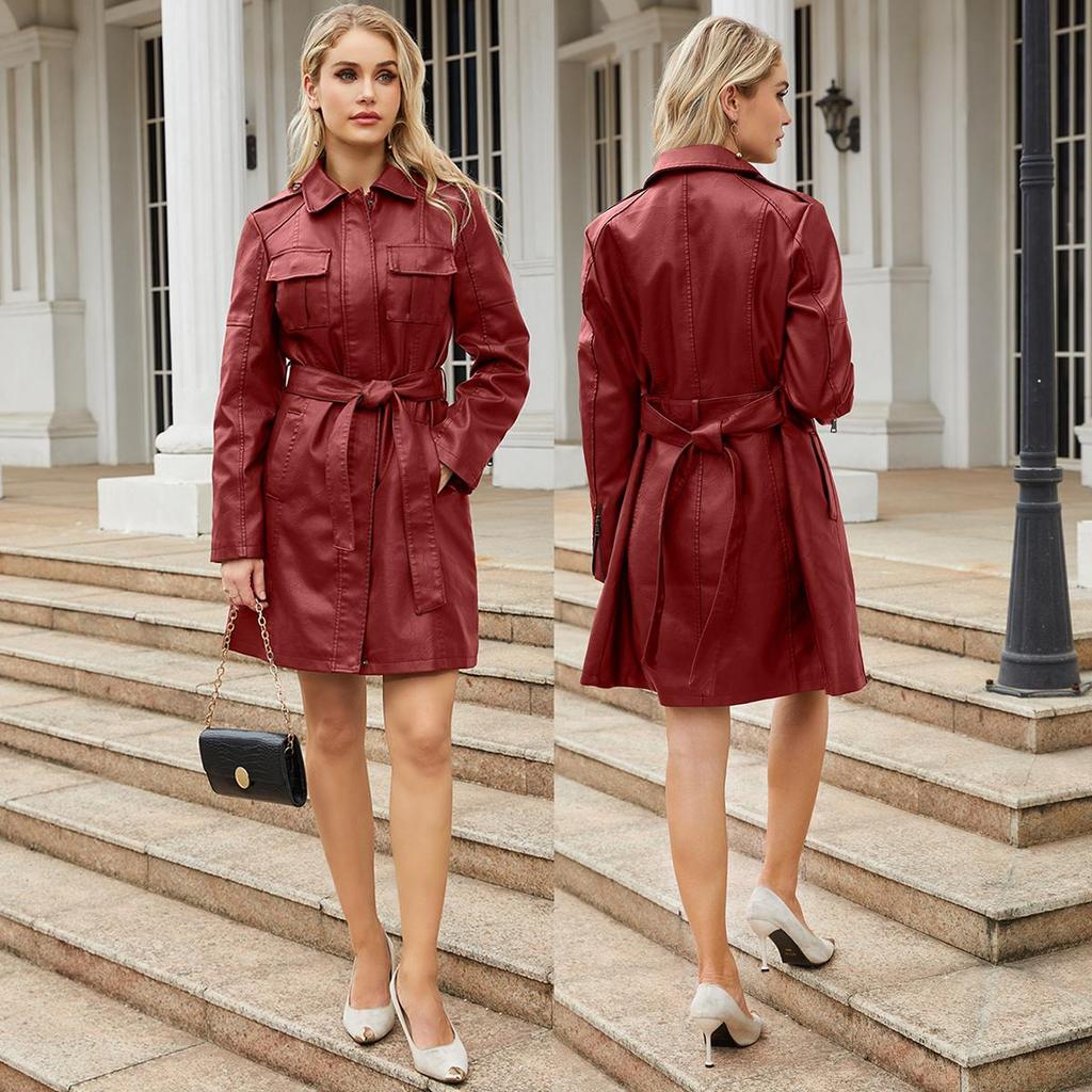 Женские тренчи, длинные куртки из искусственной кожи на молнии с поясными карманами, облегающее ветровое пальто из искусственной кожи, весенне-осенняя верхняя одежда