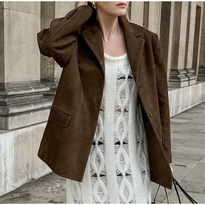 Vintage Suede Jackets Female Casual Loose V Neck Single Breasted Coats Female 2024 Autumn Winter Fashion Solid Outwears Lady