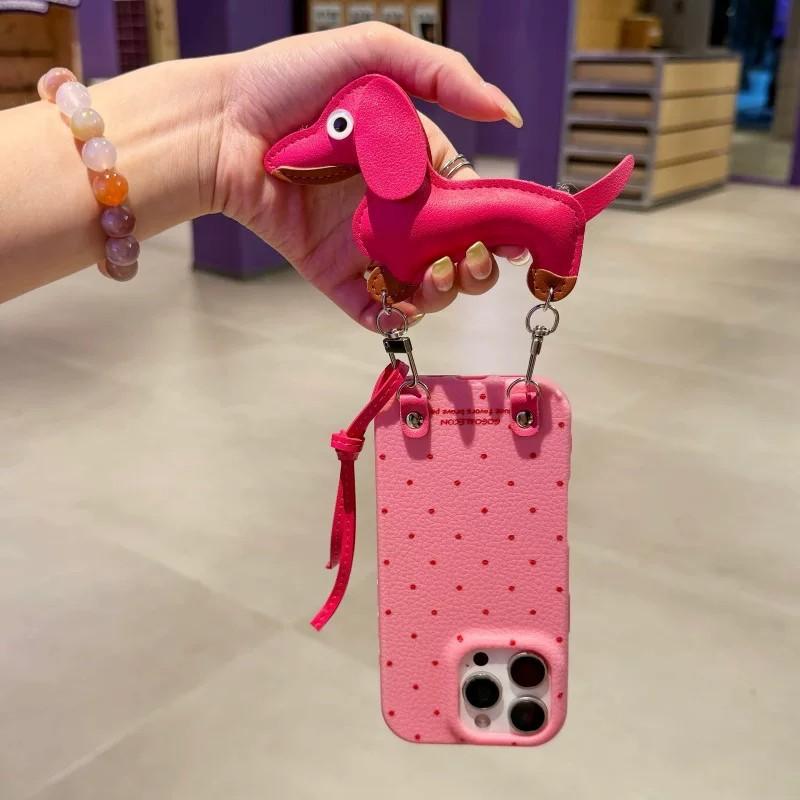For 16 Polka Dot Dachshund Dog Phone Case Perforated Lanyard Leather Texture Puppy for 17/15 Premium TPU Shockproof Case