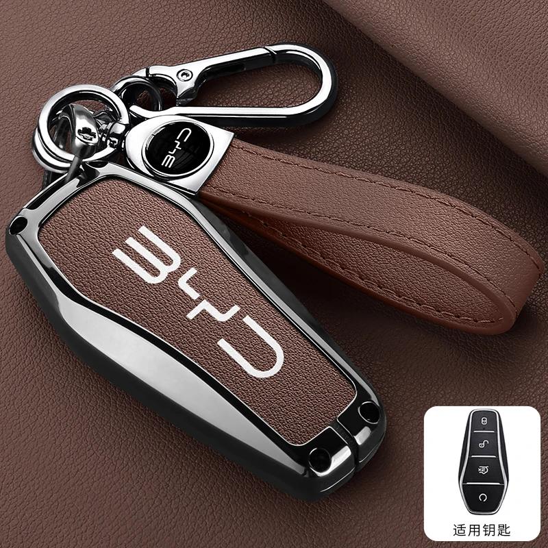 For BYD Song Pro Tang Dmi QIn PLUS MAX Yuan EV Dolphin Seagull Alloy Leather Car Smart Remote Key Case Cover Emblem Accessories