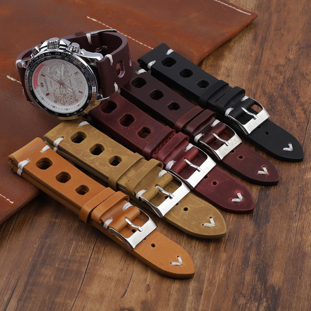 Vintage Leather Watch Strap 18mm 20mm 22mm 24mm Breathable Hole Hand Stitching Watchband for Men Women Replacement Wrist Belt