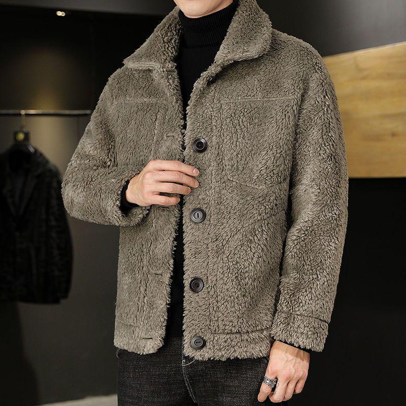 Зимняя мужская меховая цельная куртка с овечьей шерстью, двусторонний лацкан, приталенный топ