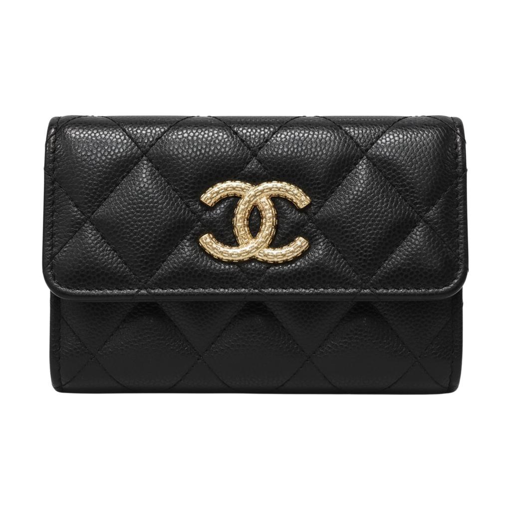 Chanel 25A Gold Logo Double C Quilted Litchi Leather Wallet Card Holder Unisex wallet Black AP4719-B20637-94305
