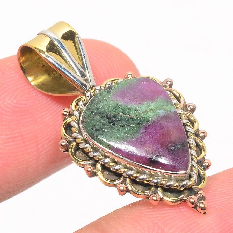 Ruby In Zoisite Lab-Created 925 Sterling Silver Gift Two Tone Pendant 1.25" Z7t59