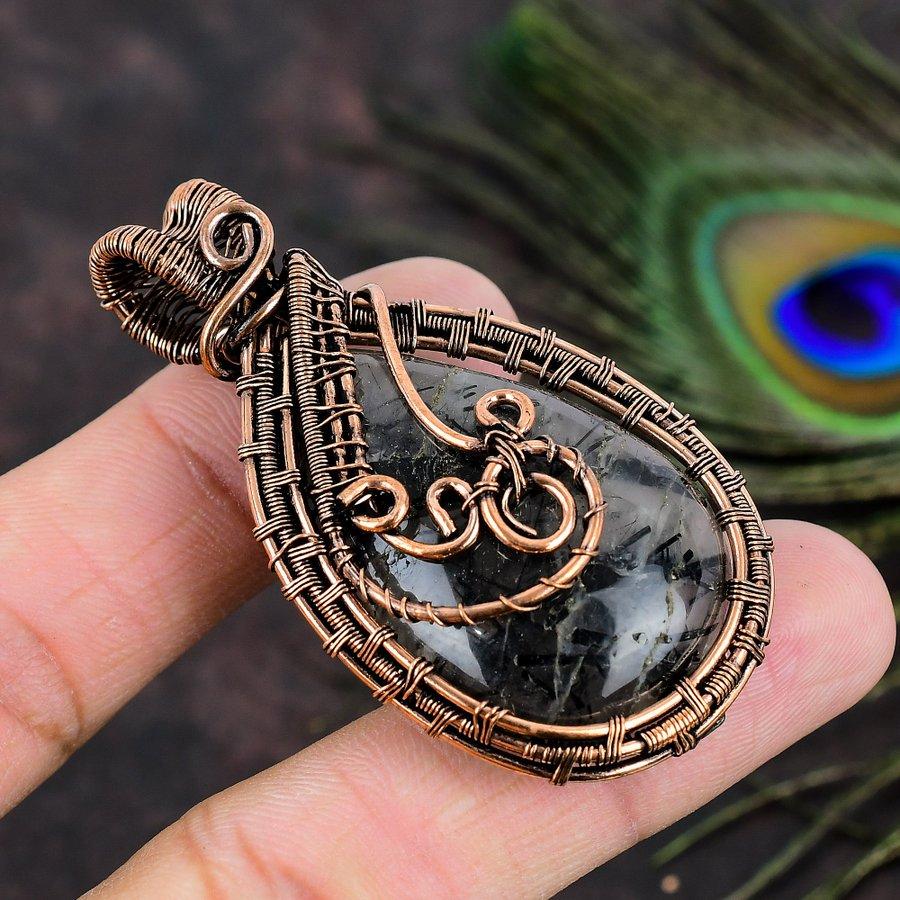 Black Rutile Handmade Copper Wire Wrap Jewelry Pendant 2.44 C8i68
