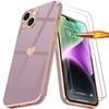 Case + 2 Tempered Glasses for iPhone 14 - Purple - Shockproof In Liquid Silicone with Golden Heart Love Pattern and Plated