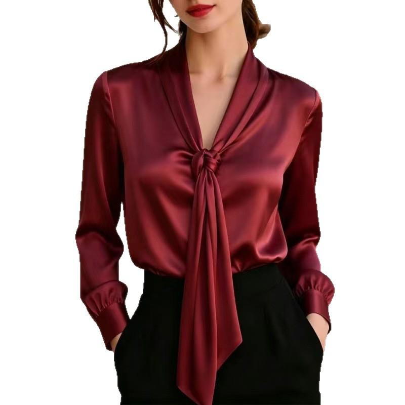 Women S Satin V Neck Long Sleeve Sash Commute Shirt