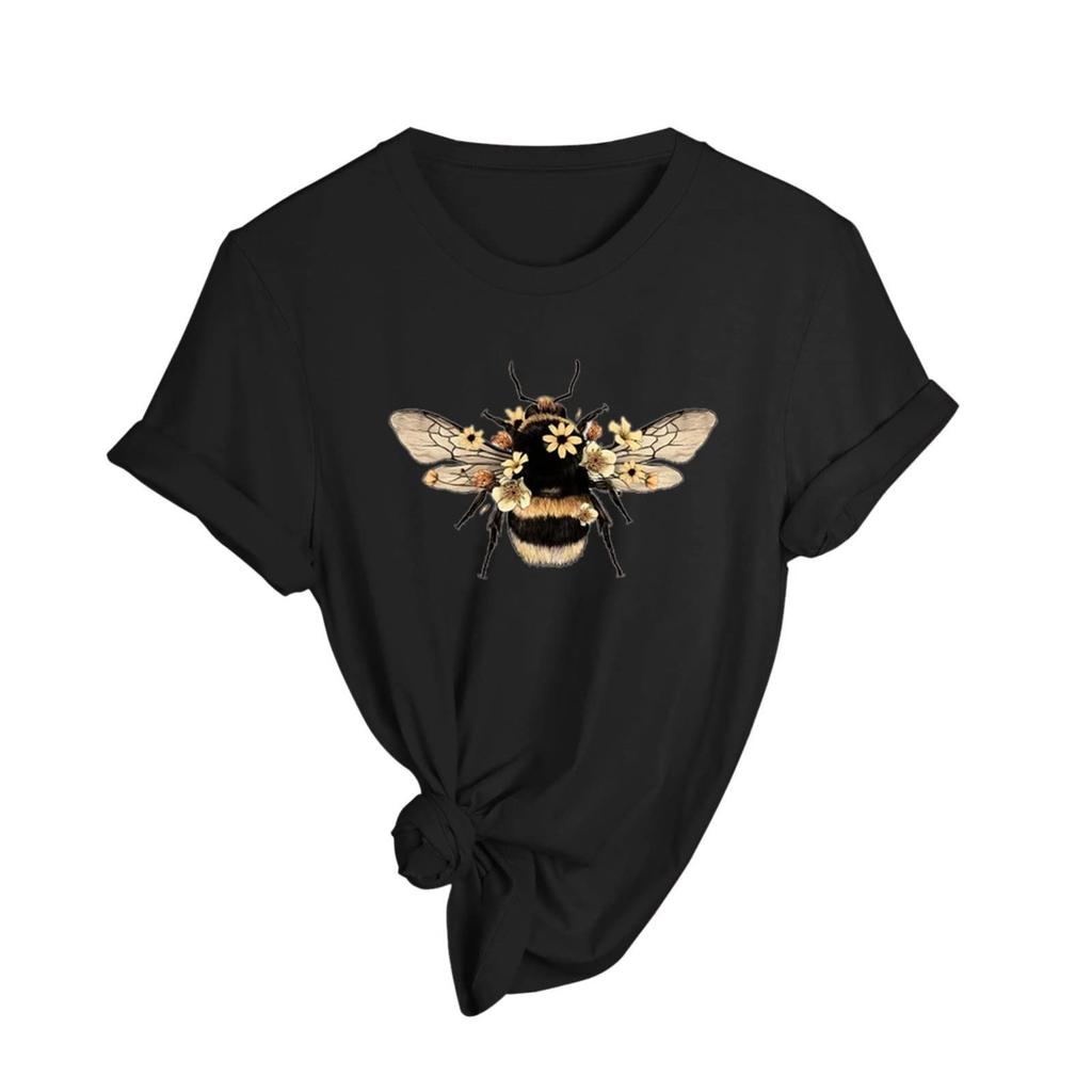 Женская мода, повседневная блузка с короткими рукавами и круглым вырезом с принтом в виде фестиваля медоносных пчел