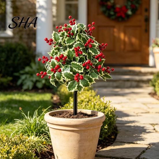 Front Porch Holiday Decor Artificial Poinsettia Flower Yard Stake, Red Christmas Floral Ground Spike Decor, Faux Potted Trees Weather?Resistant