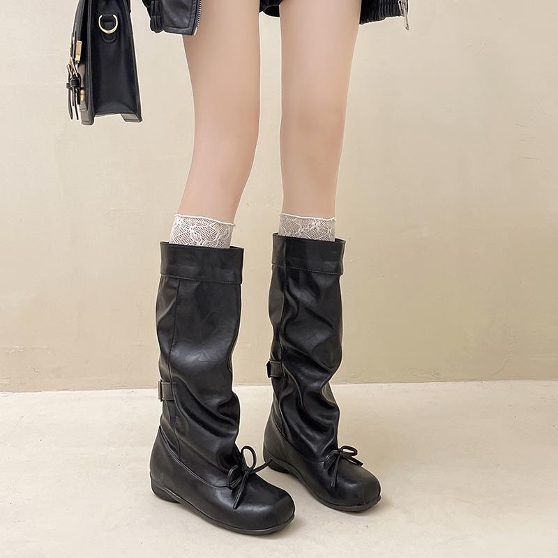 Design Sense Bow Set Boots Fashion Versatile Retro Fashion Boots 2025 Autumn and Winter Splicing New Height-increasing Leather Boots