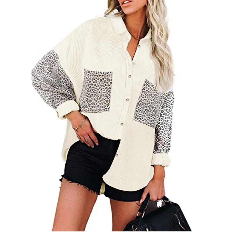 Winter Corduroy Coat Leopard Print Casual Lapel Buttoned Shirt Women Outerwear