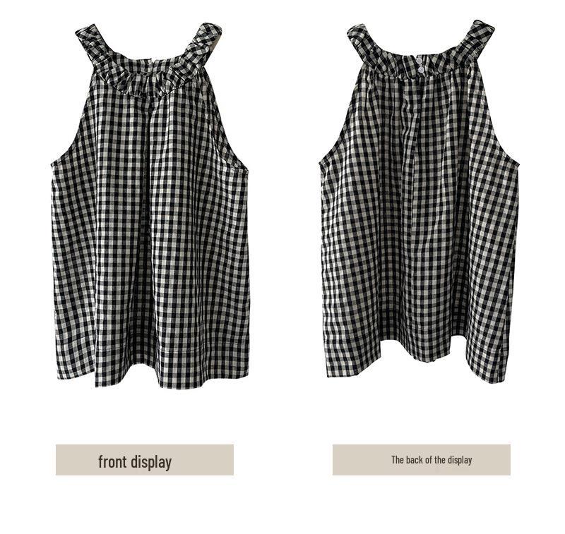 Ретро клетчатый топ-камезоль на халтере, черно-белый, весна/лето 2025
