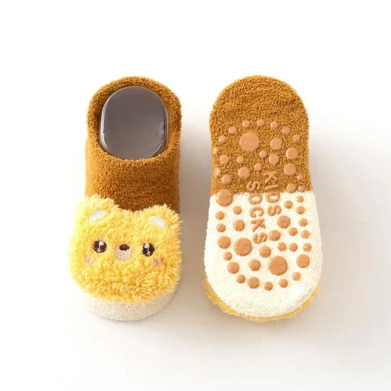 Мультяшные носки для малышей с мишками для девочек и мальчиков, новорожденные, противоскользящие, мягкие, теплые, зимние, осенние, для малышей, для дома, толстые носки, детские чулки