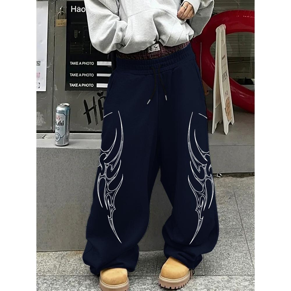 Мужские повседневные брюки уличного стиля, свободные, прямого кроя, модные спортивные брюки, крутые брюки на кулиске с принтом-тотемом, широкие брюки в стиле хип-хоп