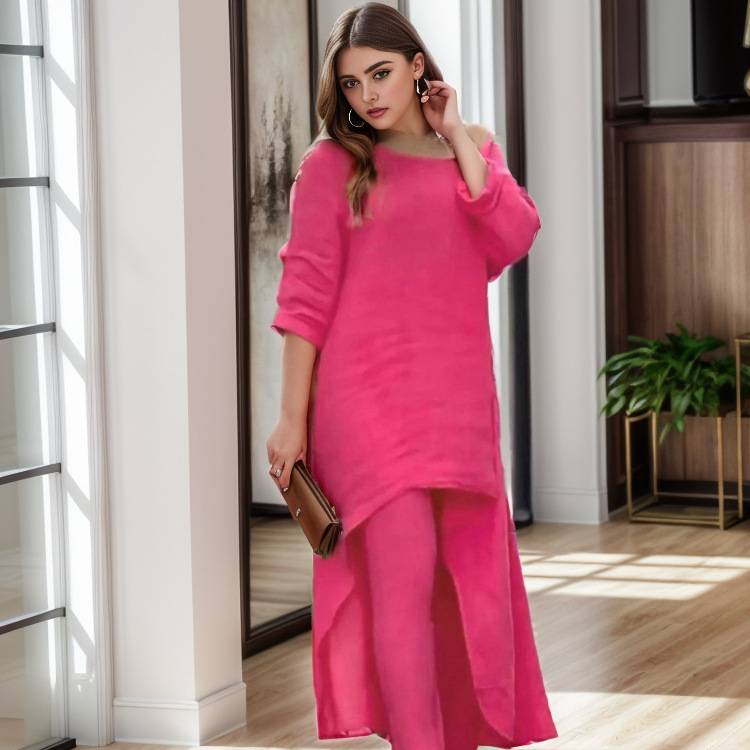 Женский летний офисный костюм, удобный свободный, круглый вырез, длинный рукав + длинные брюки, комплект из двух предметов