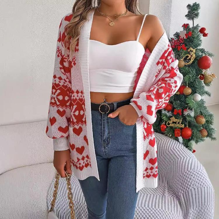 Vintage Christmas Knitwear Cardigan Loose V Neck Sweater Long Sleeve Top Winter Autumn Print Fashion