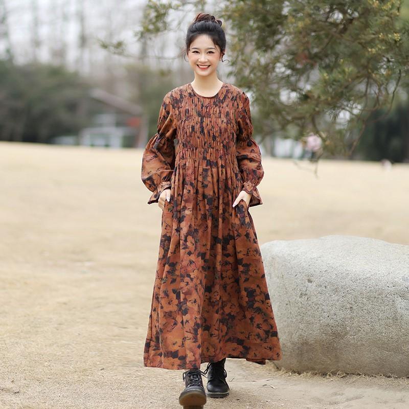 Johnature Женское осеннее платье с длинными рукавами и принтом, свободное платье в стиле ретро с круглым вырезом и рукавами-фонариками