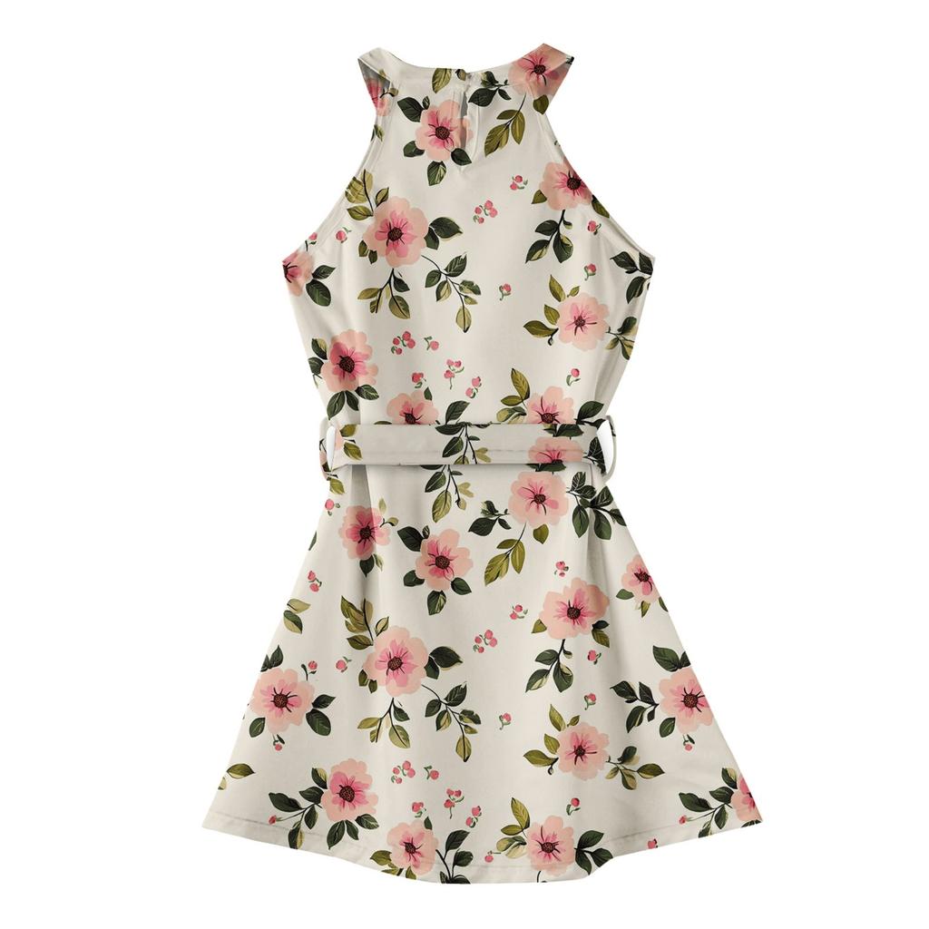Летнее платье для девочек Платье без рукавов на бретельках Однотонное платье без рукавов с принтом Повседневное платье