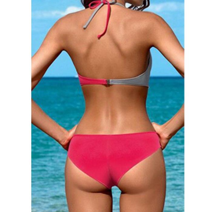 Women Sexy Narrow Necked Push Ups Split Swimsuit Summer V-neck Color Block Splicing Bikini Beach Suit