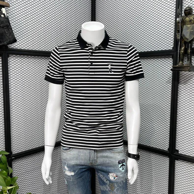 Мужская рубашка-поло в полоску высшего качества — облегающий крой, универсальная мода на лето 2022 года