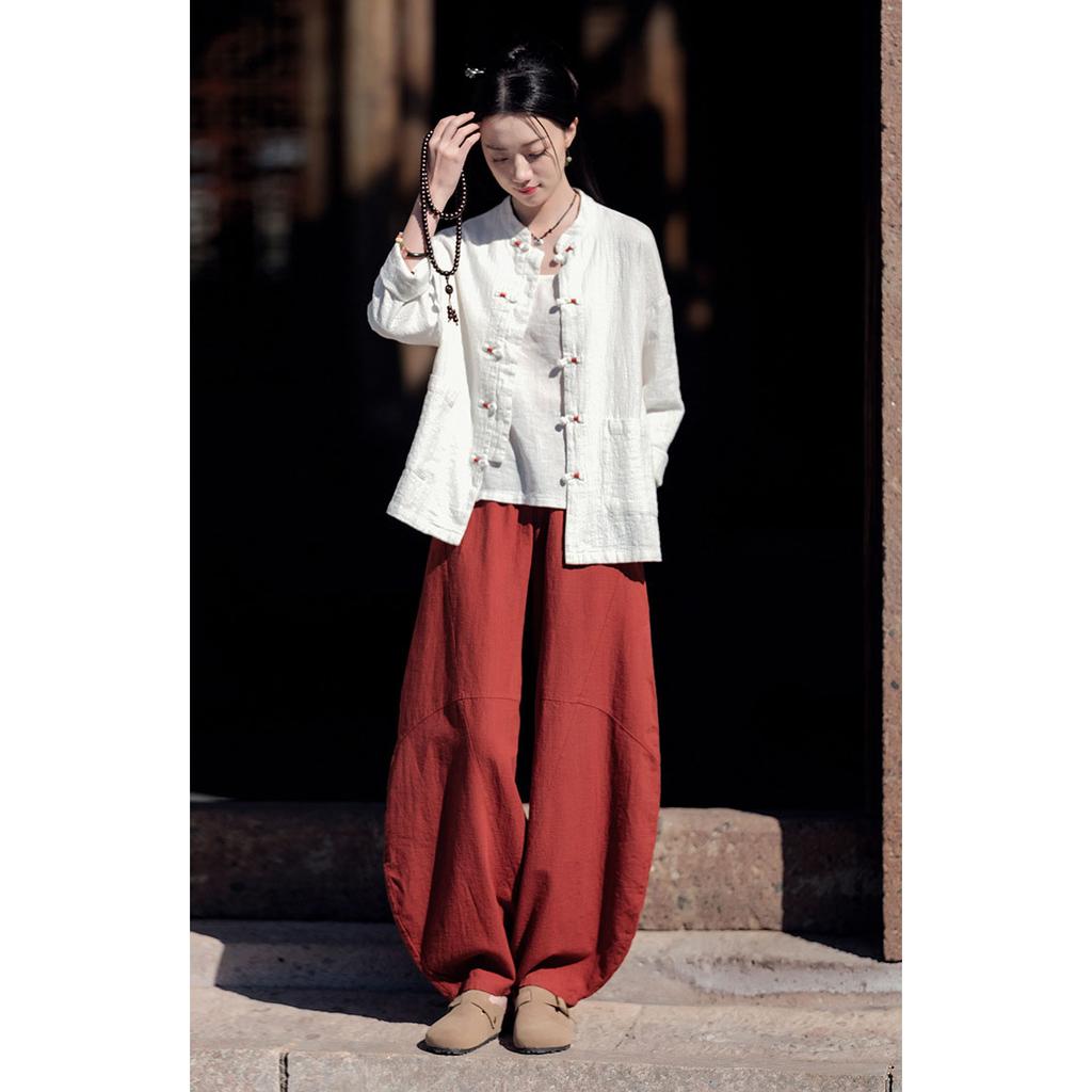Women Vintage Ramie Cotton Linen Pants Elastic Waist Wide Leg Trousers Spring Summer Tie-dye Harem Pants Loose Bloomers