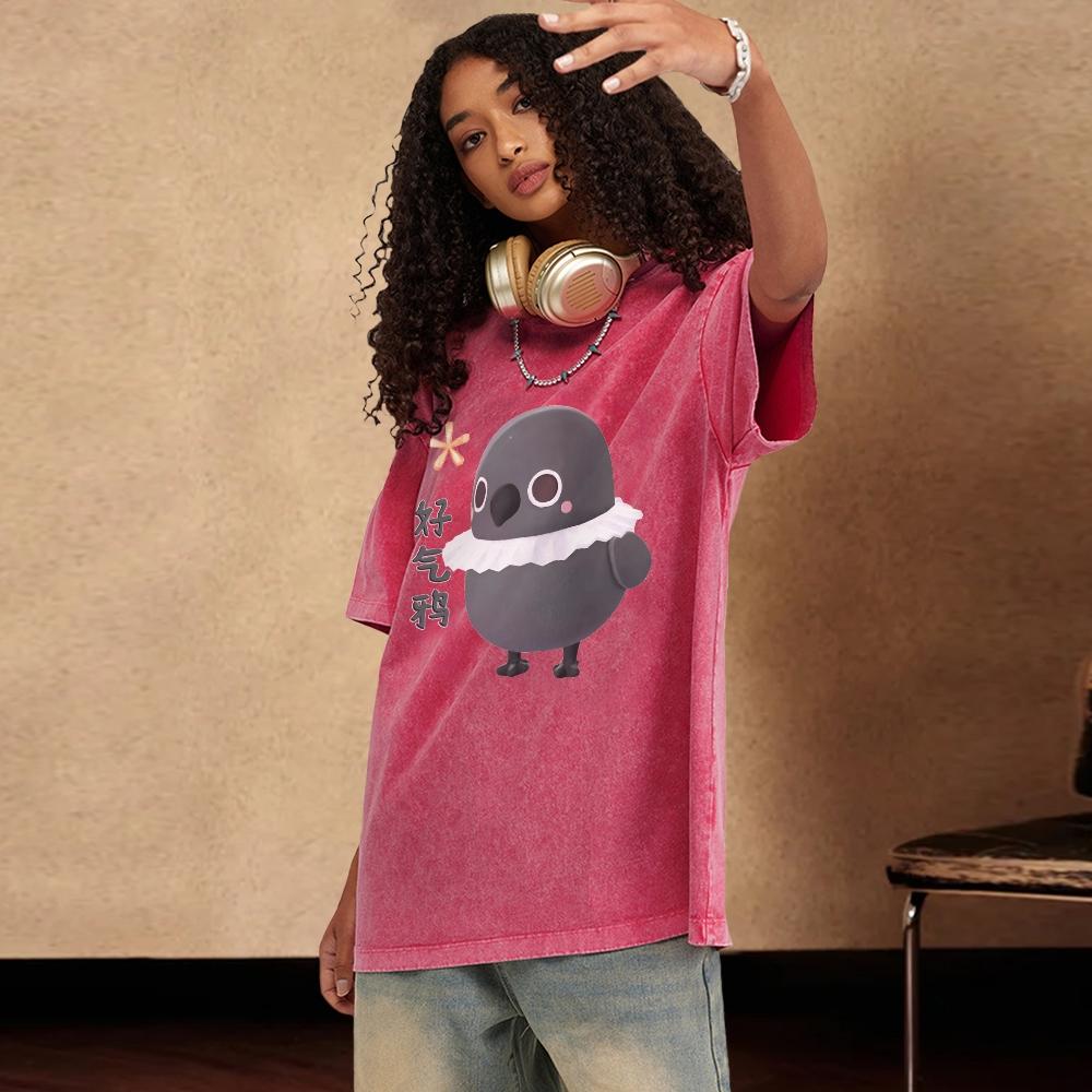 Cute Casual Style Cartoon Black Chick Print Ladies T-Shirt Loose Wash Cotton Short Sleeve Fashion Design Top