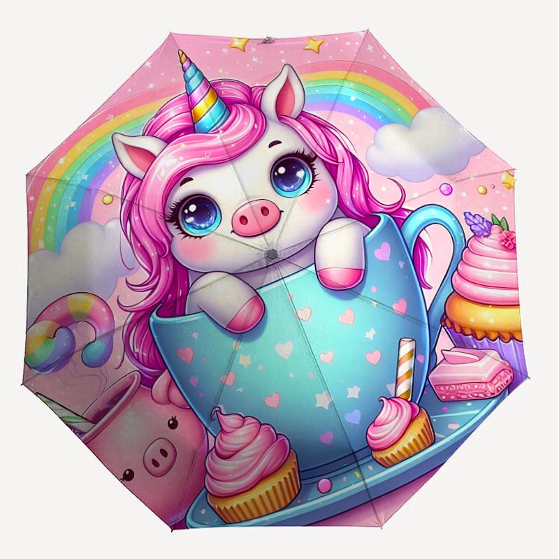 1PC unicorn cupcake Automatic Open/Close Umbrella with Windproof, 8-Rib Sturdy Canopy, Durable Ribs, Fashionable Design, Outdoor Accessory, Fun Prin,