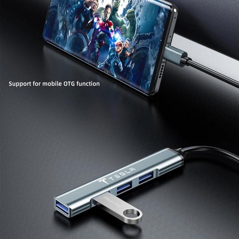 Car Sticker Tesla Car USB Type-C to 4 Port USB HUB High Speed Adapter Accessories For Tesla Model-Y Model-3 Model-X Model-S Cybe