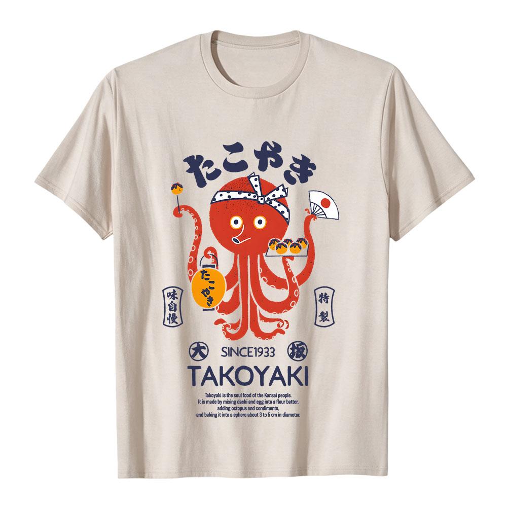 Japanese Takoyaki Octopus Printed T-shirt Unisex Short Sleeve Shirt Retro Japan Food Street Style Casual Tee for Men Women