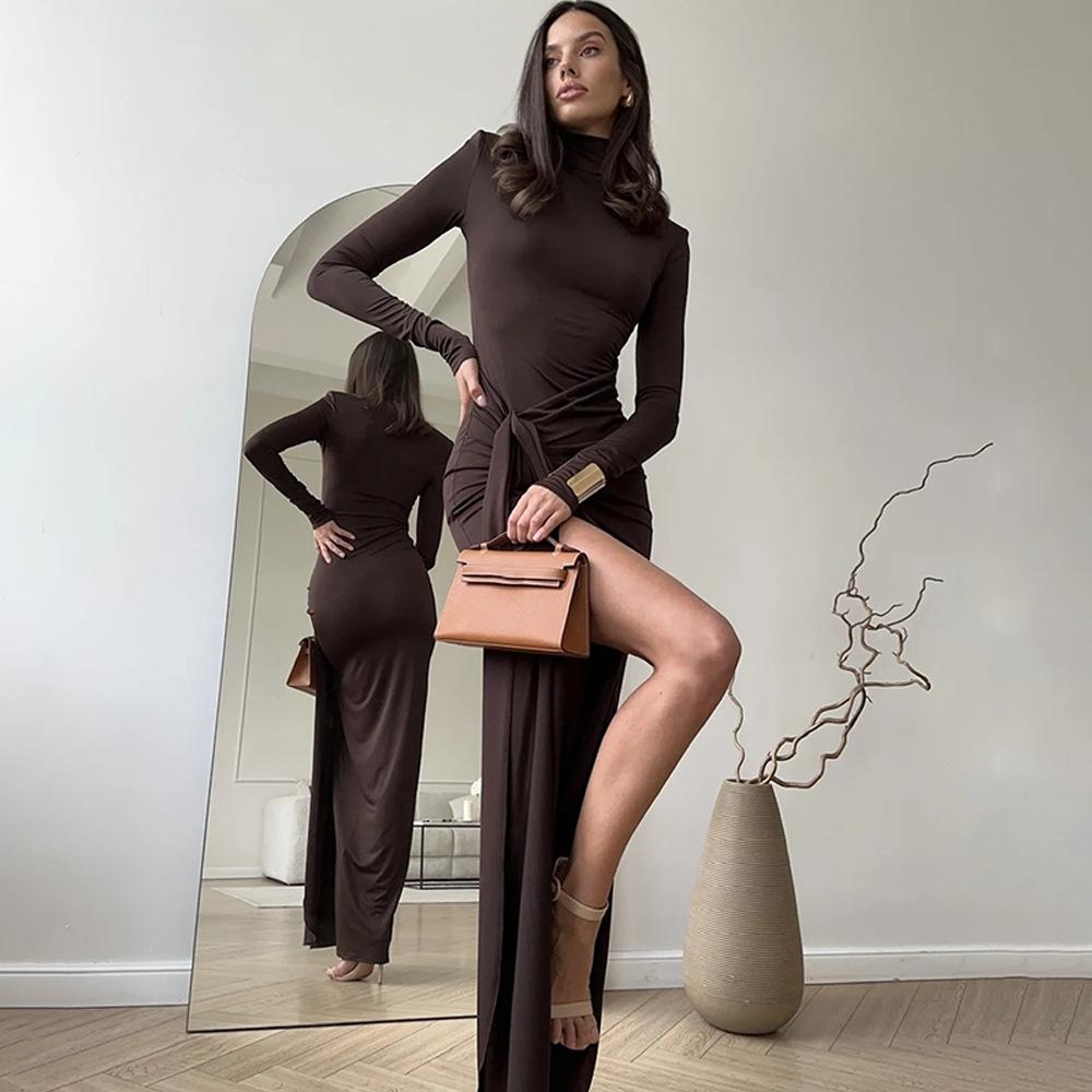 Женские платья Осень и Зима Мода Сексуальное платье с высоким воротом и длинными рукавами однотонное