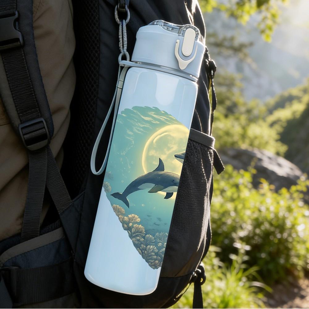 1PC Heart Dolphin Ocean Night Art 750ml Color Plastic Sports Water Bottle Leakproof Flip Straw Lid Suitable for Sports Office Home Use