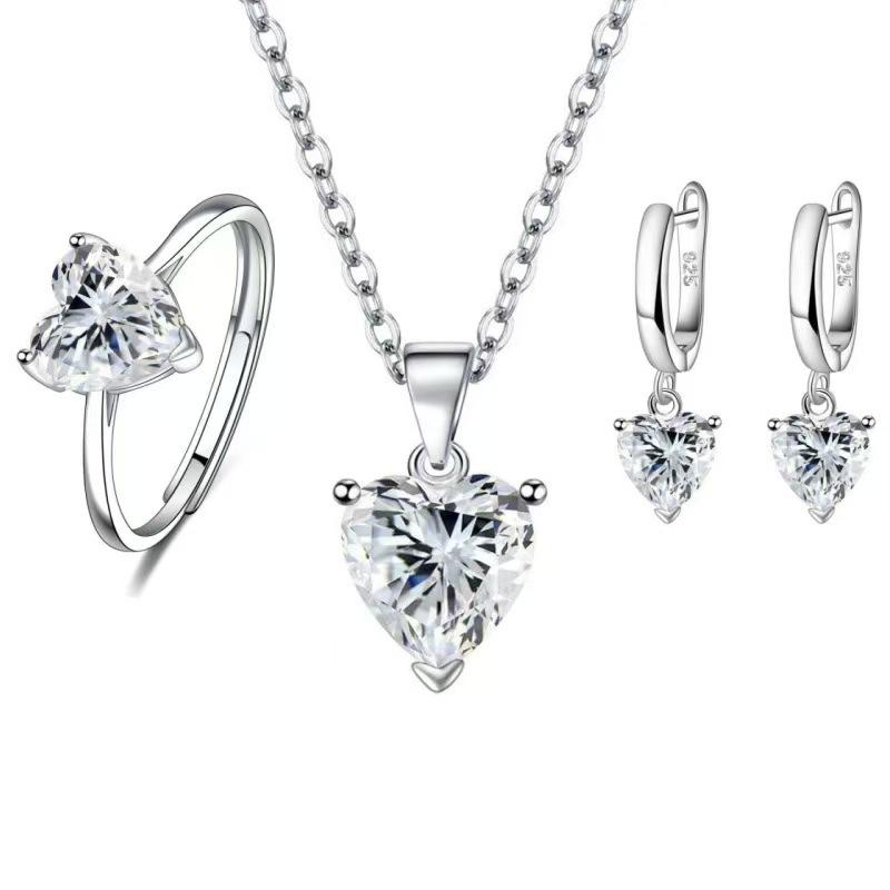 Love Zircon Ear Buckle Women's Ring Heart Pendant Necklace Three-piece Set