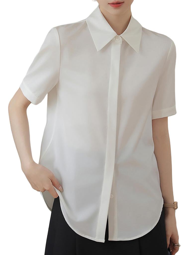 Shirt Blouse Short Sleeve Silky Dress Shirt Summer Loose Fit Large Size No Iron Washable Neat Plain Simple Body Cover Slimming Office Casual Fashion