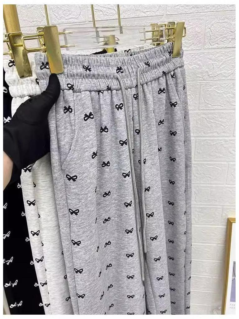 Брюки с высокой талией и широкими штанинами в корейском стиле с принтом бантиков для женщин - Миниатюрные и стройнящие, на начало осени