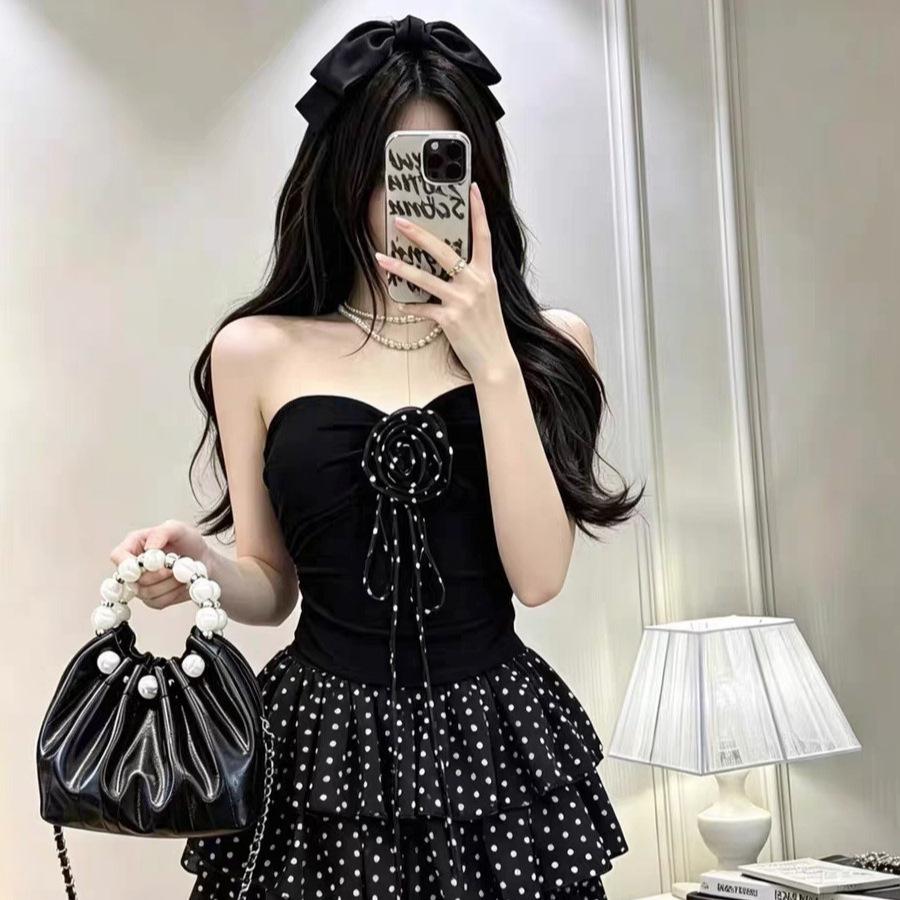 #Летний новый сладкий и острый топ-бюстье с точечным принтом и вставками из розовой ткани, женский, с фиксированной чашечкой, универсальный топ