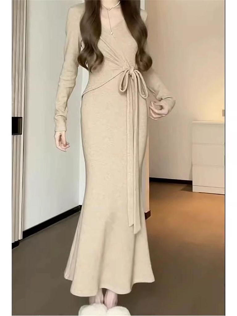 2023 Высококачественный вязаный комплект платья-свитера для женщин - Осенне-зимний длинный стиль