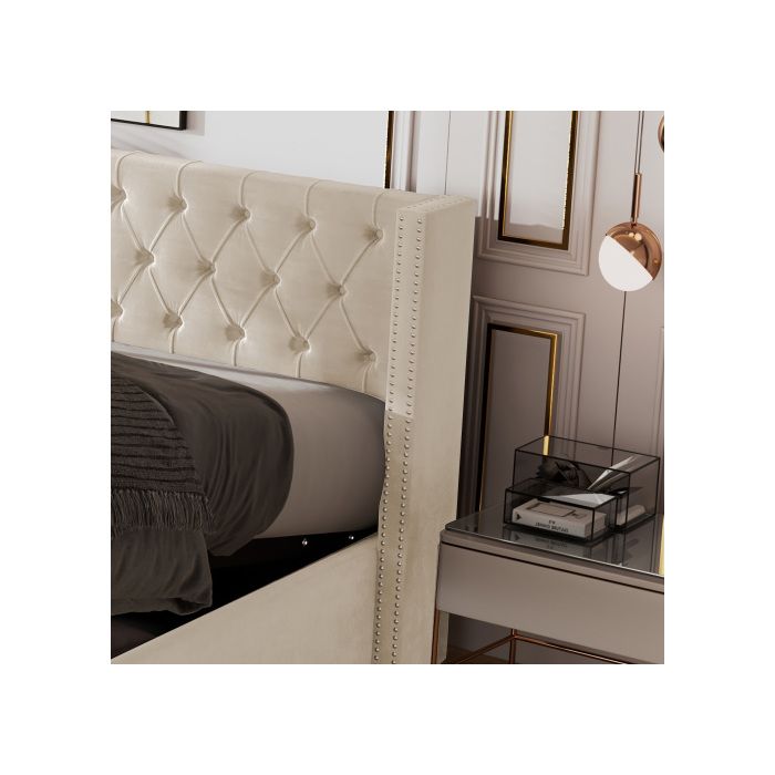 Lit rembourré - Rivets à double rangée - 160x200 cm - Beige - Fonction hydraulique de rangement