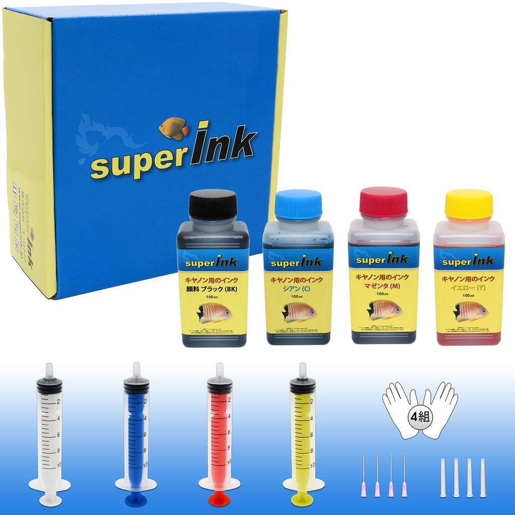 Малый набор для Canon Совместимые чернила для заправки со всеми superInk 1 x 100 мл 3 x 100 мл 4 набора Пара перчаток Шприц 10 мл с иглой (S) (CANON) (Пигмент + Краситель)