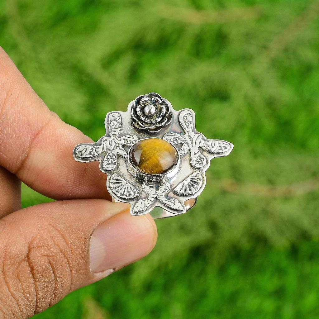 925 Sterling Silver Tiger's Eye Stone Promise Handcrafted Flower Wedding Ring