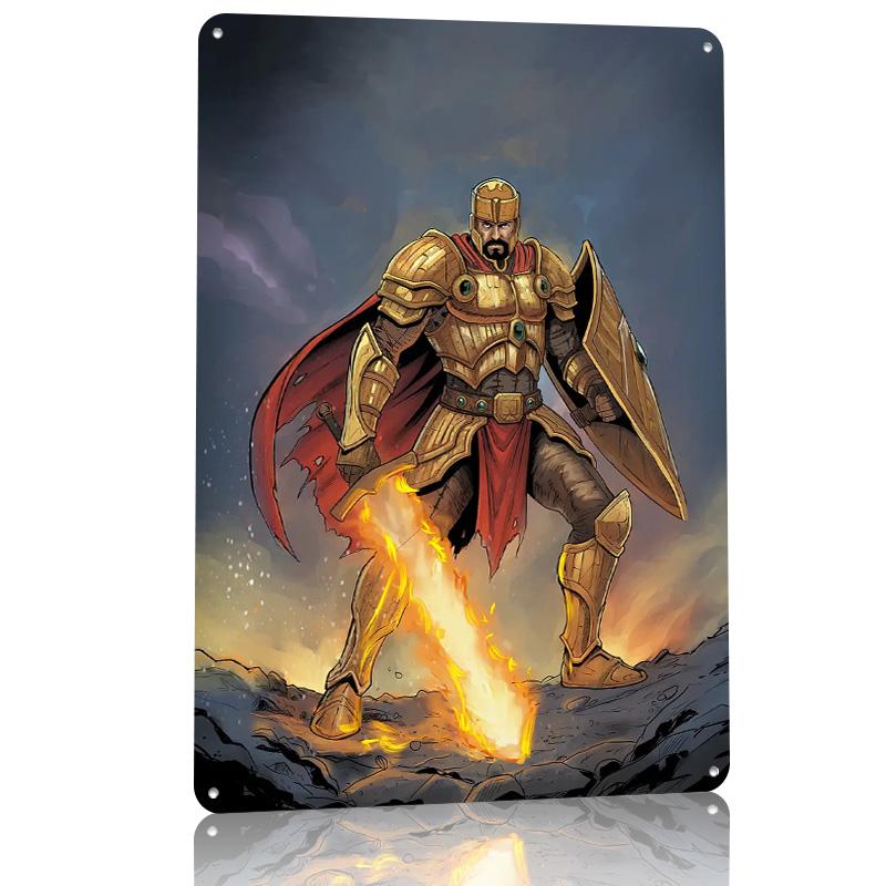 Golden Knight With Flaming Sword Poster Retro D Printed Metal Signs Customized Wall Hanging Gift for Article Decoration Gaming
