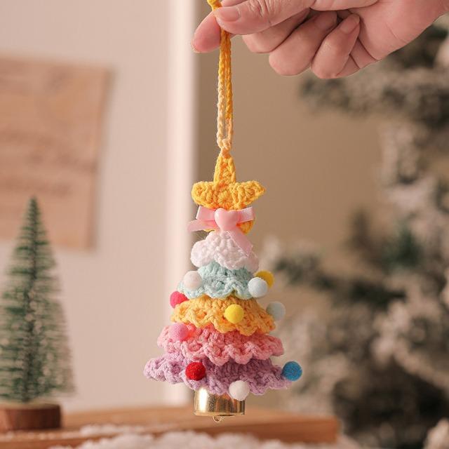 Crochet Christmas Tree Hanging Pendant - Knitted Plush Decor with Jingle Bell for Xmas Party & Home