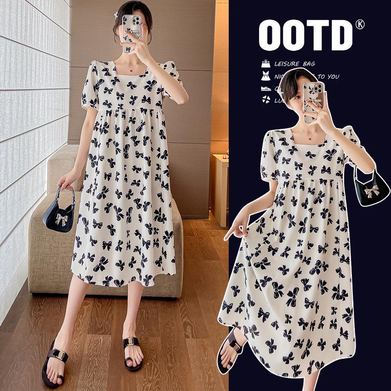 Летнее платье для беременных больших размеров: Квадратный вырез, Миди-бабочка, Короткий рукав
