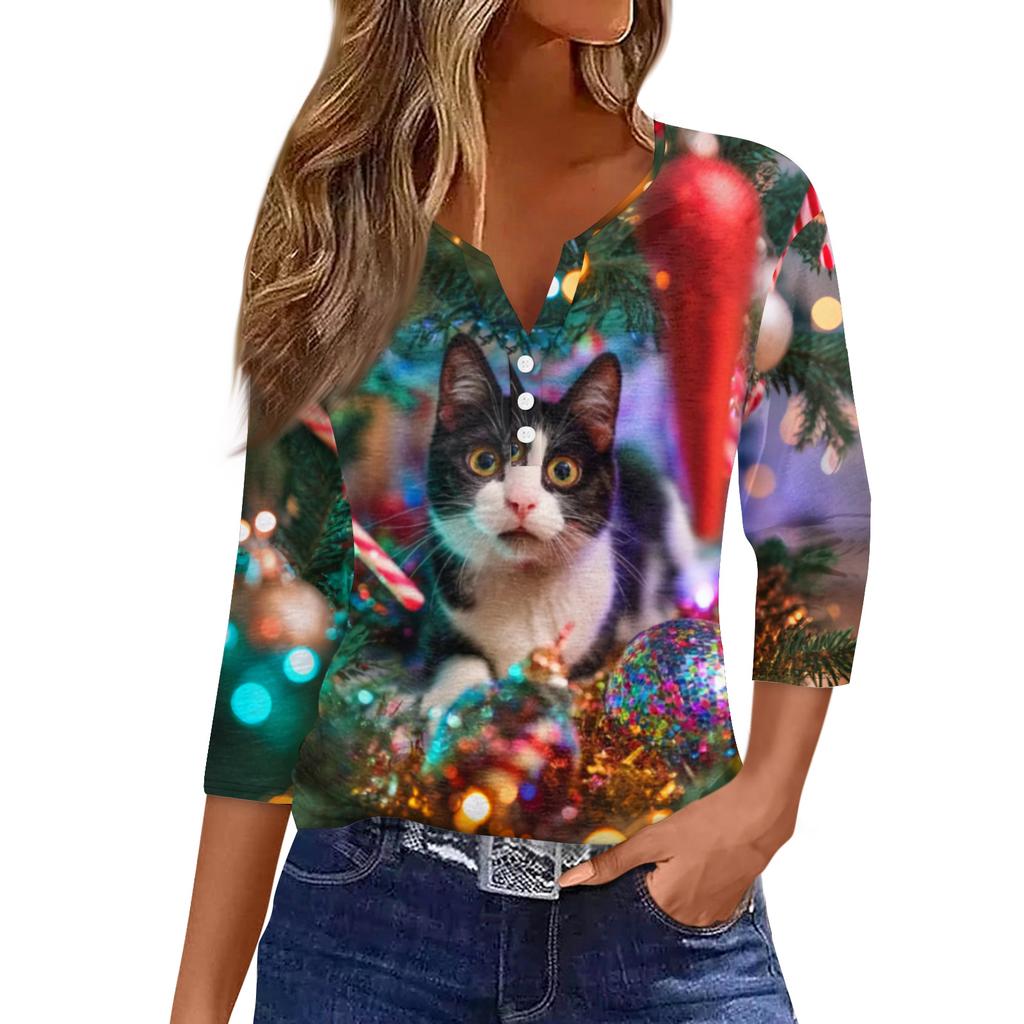Women's Fashionable Casual Christmas Printed V-neck Three-quarter Sleeve Decorated Button Top