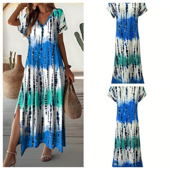 Women Summer Dress V-Neck Short Sleeve Side Slit Design Maxi Dress Tie Dye Print