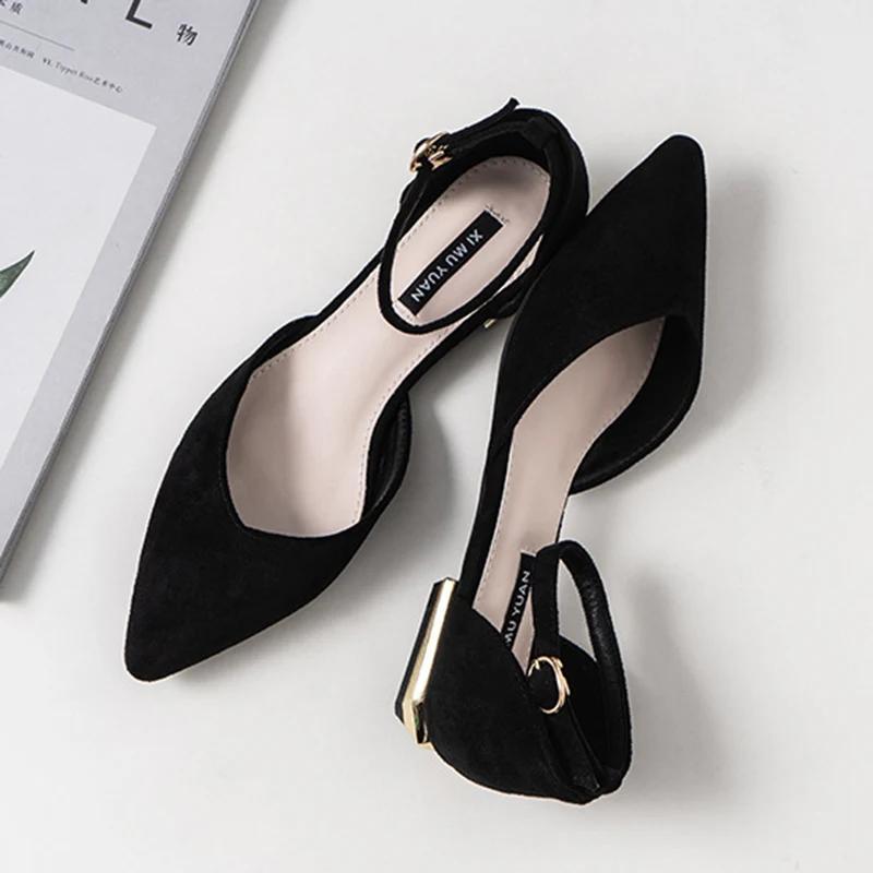 Low Heel Single Woman Spring Pumps Summer Pointed Hollow Sandals Word Belt Fairy Shoes Black Work Shoes Girl Shoes