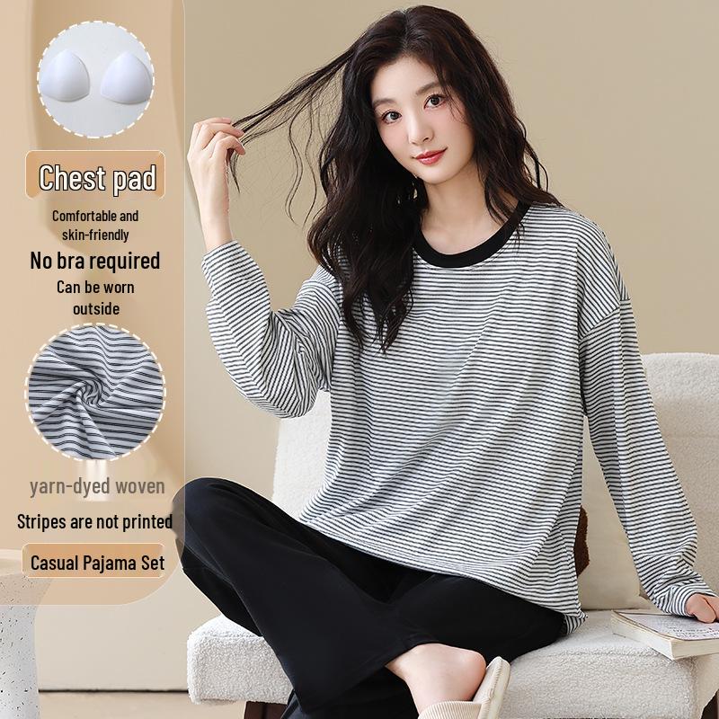 Женская осенняя пижама с круглым вырезом, в полоску, с длинным рукавом и нагрудными вкладышами - Повседневный комплект больших размеров для дома и улицы