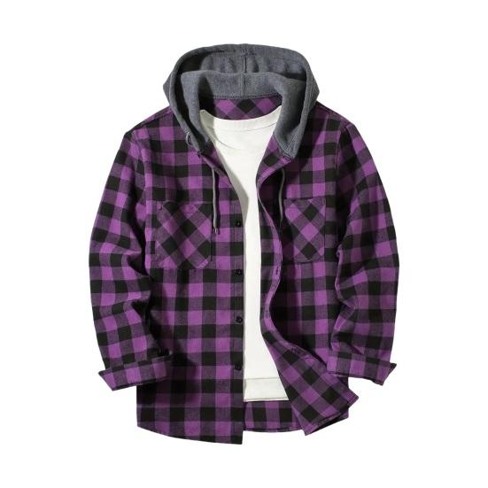 Fall Spring Men Shirt Hooded Drawstring Long Sleeves Color Matching Plaid Print Single-breasted Daily Wear School