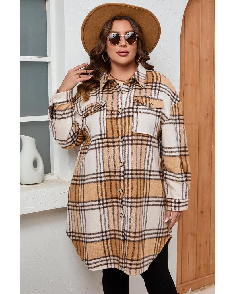 Azura Exchange Khaki Plus Size Plaid Chest Pockets Long Shacket