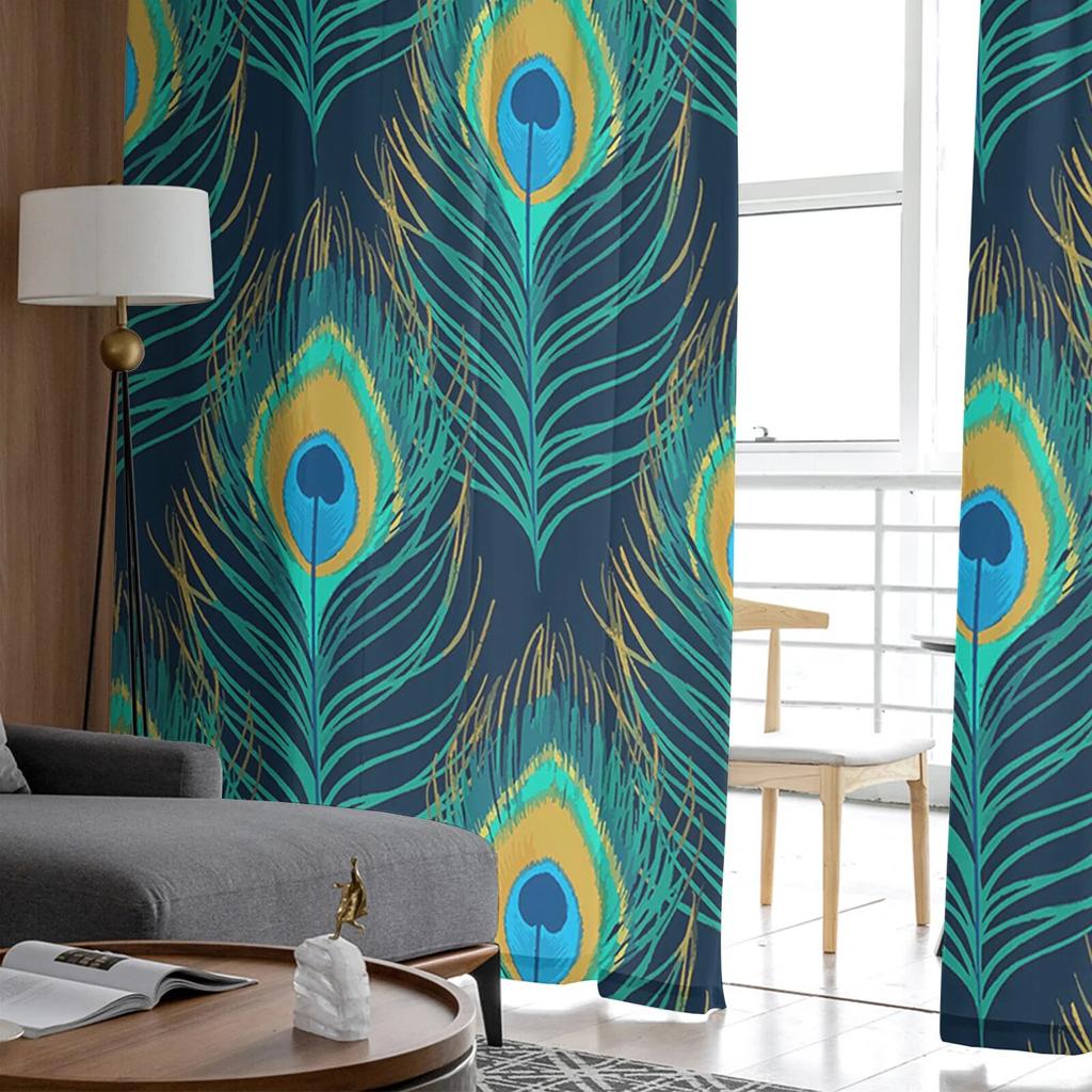 Голубые прозрачные занавески с перьями павлина для гостиной, зала, стены, нарядные принадлежности для окон, тюлевые шторы с поп-принтом