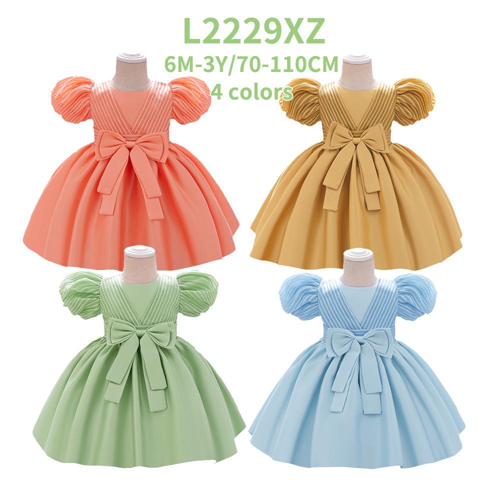 2025 Платье принцессы на первый день рождения для младенца девочки - Атласное платье с пышными рукавами и полосатым дизайном с бантом